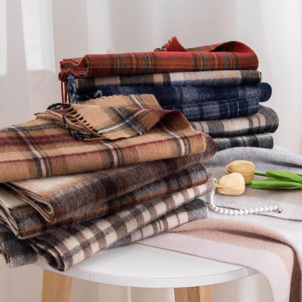 Women's 100% Wool Plaid Scarf - Korean Style, Autumn/Winter 2025, Long Tassel Shawl, Cold-Proof and Warm