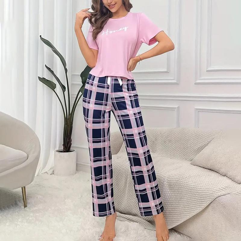 Dámská pyžamová souprava Měkká Pohodlná Tričko s potiskem písmen Kostkované Dlouhé kalhoty Noční prádlo 2 kusy Domácí oblečení Loungewear Pyžamo