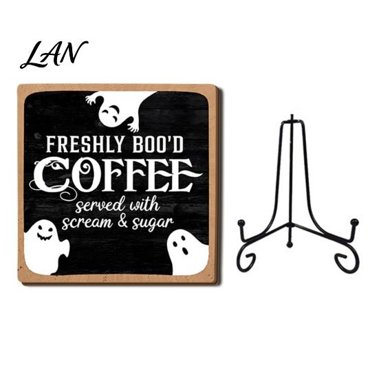 Desktop Ornaments for Home Halloween Coffee Bar Wooden Sign with Iron Display Stand Corner Small Plaques Counter Tabletop Decor, Rustic Wood