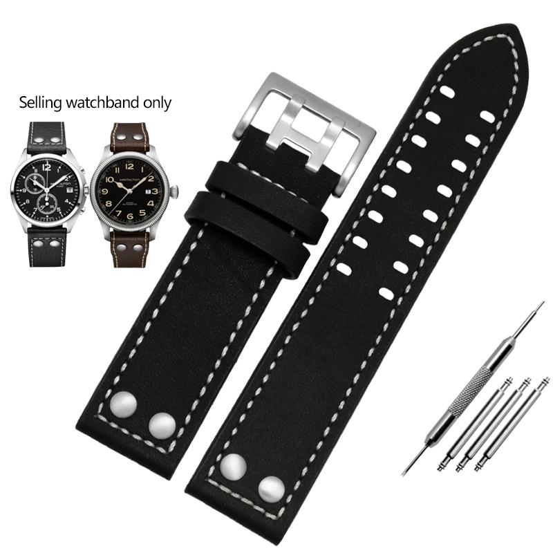 JEDNA Pasek do zegarka ze skóry naturalnej dla serii Hamilton Khaki Aviation Field Męski Pasek do zegarka Bransoleta z nitami Pasek Brązowy 20mm 22mmMN