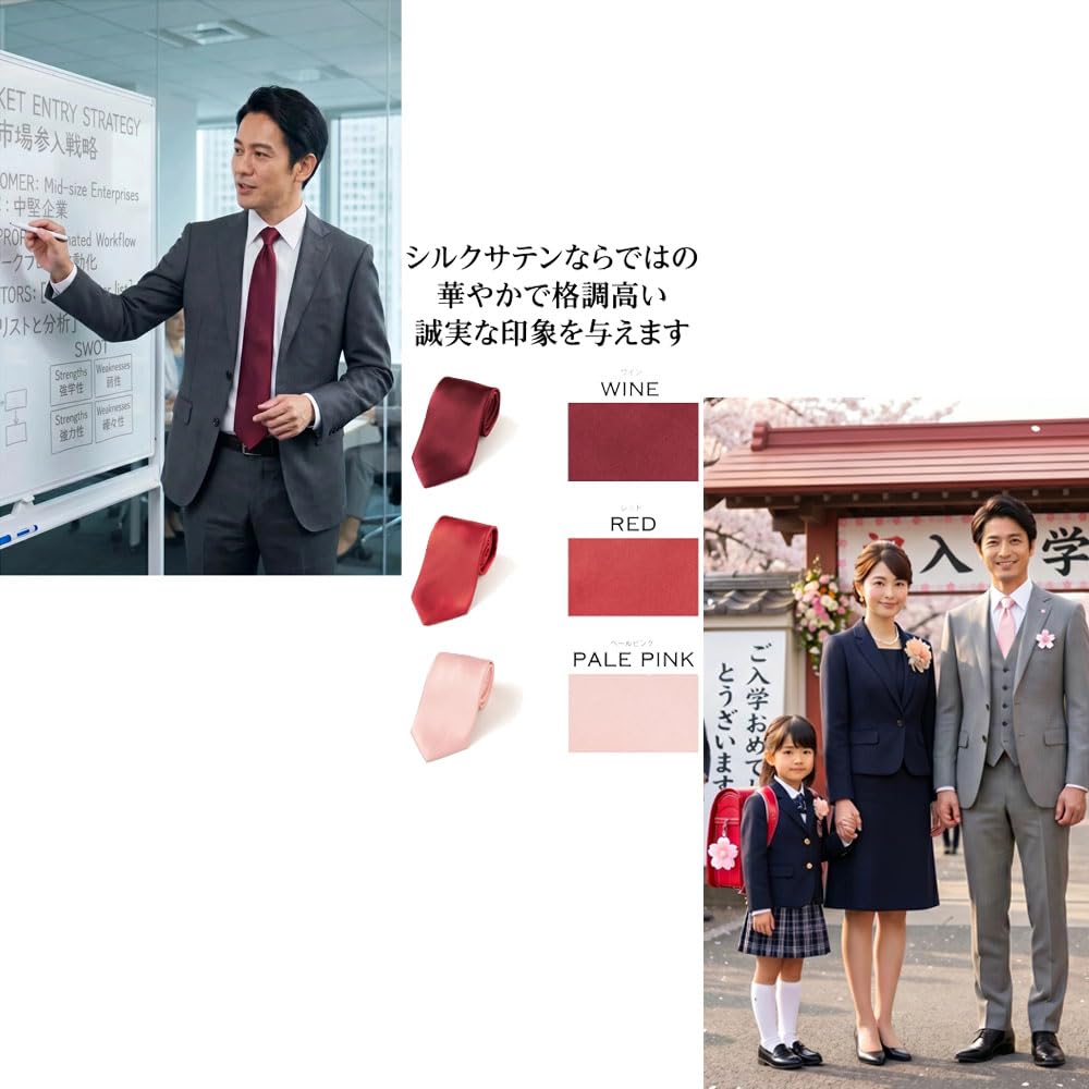 [C CRAVATTERIA] Silk Satin Solid Tie, Made In Japan, Stylish, Business, Recruitment, Tango Textile Industry Association (Red)