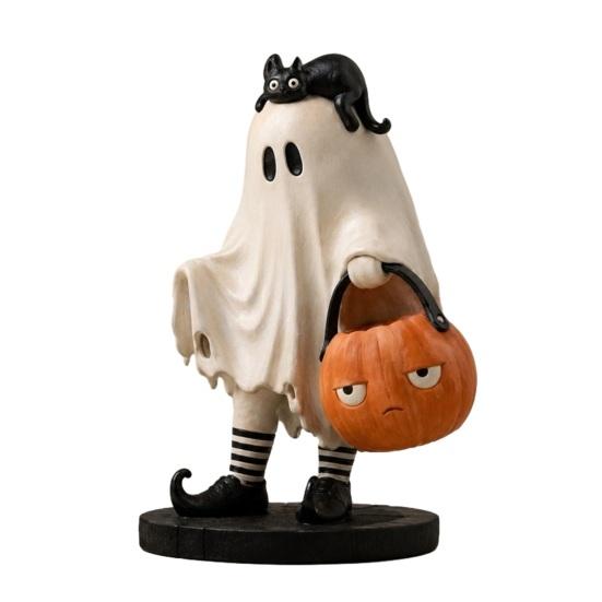 Cute Ghost Statue Statue, Resin Black Cat Holding Pumpkin Bucket Ornament, Artistic Tabletop Decor Halloween Figurine for Home Holiday Party