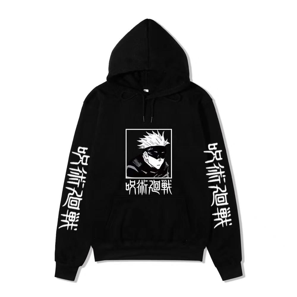 Men Women Fleece Hoodie Gojo Manga Art Two Sleeve Vertical Japanese Characters Casual Anime Hooded Sweatshirt