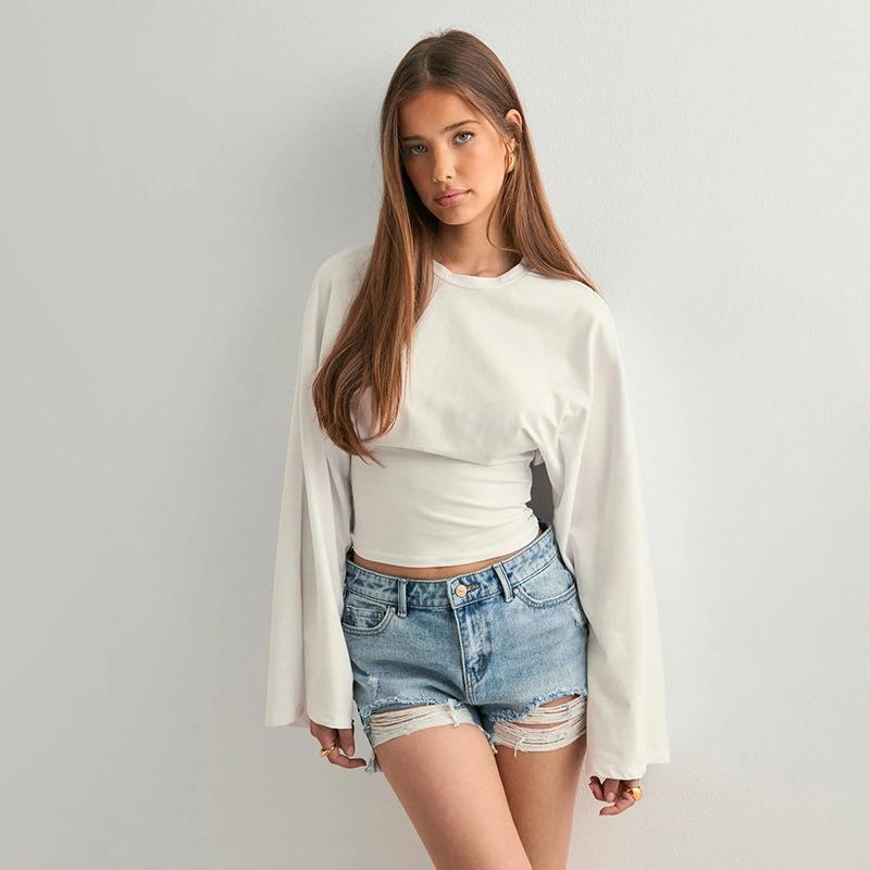 

Women s Flare Sleeve Ruched Crop Top Crew Neck Casual Long Sleeve T-Shirt S білий