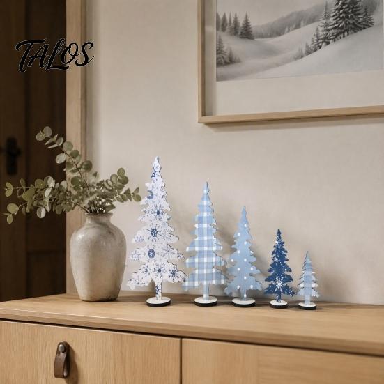 Staggered Tree Set Decorations 5Pcs Wooden Christmas Ornaments, Nordic Style Blue And White Small Village Scenes Plaid/Snowflake/Polka Dot Desktop for