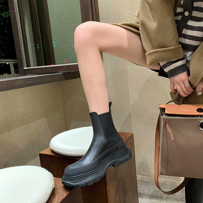 Cowhide Version~ Height-increasing Leather Muffin Thick-soled Knight Boots Women's Tall Boots Elastic Boots High-heeled Boots