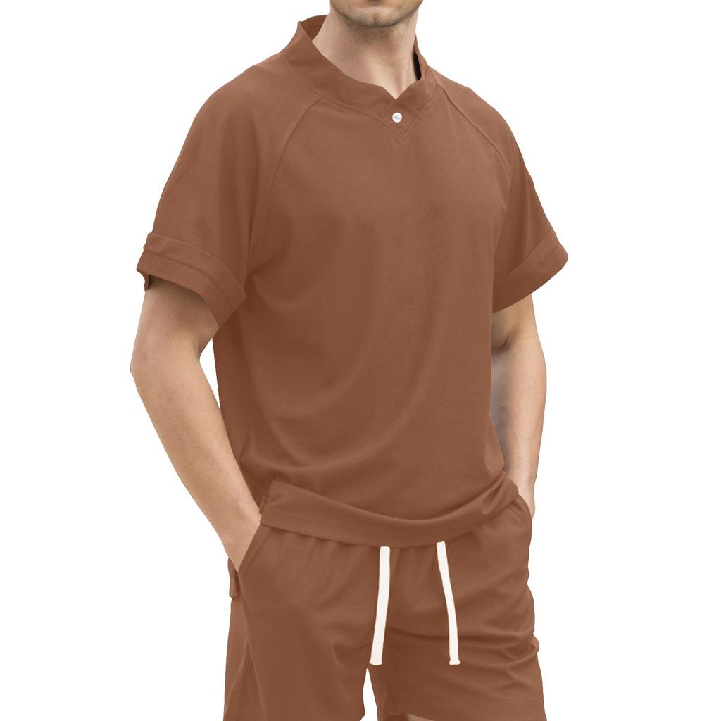 Tricou Casual Respirabil de Vară pentru Bărbați Tricou cu Guler Înalt Culoare Solidă Set Scurți