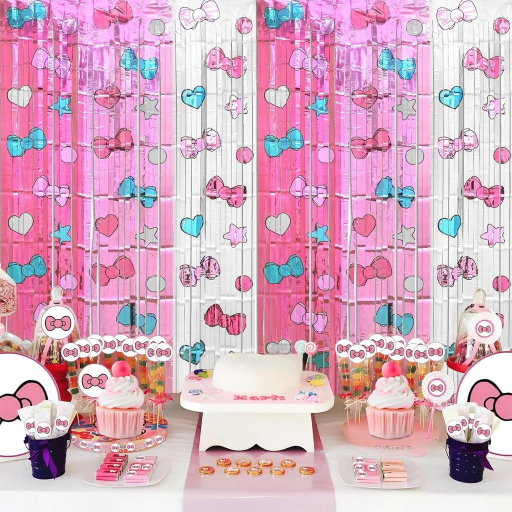 Kawaii Birthday Decorations, 2 Pack Cartoon Cat Theme Party Supplies, 3.3 x 6.6ft Tinsel Foil Fringe Curtains, Bow Photo Booth Props, Backdrop