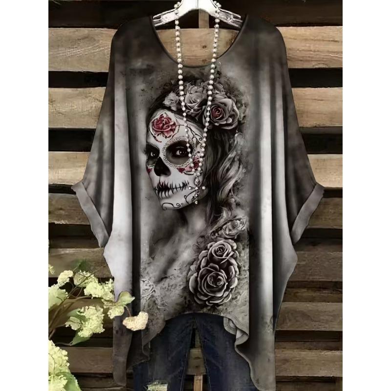 Camiseta para Mujer Estilo Gótico Bohemia Estampado de Calavera Dobladillo Irregular Holgada Cuello Redondo Manga Corta Oversize Y2k