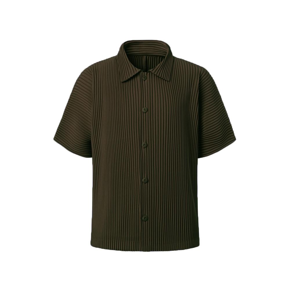 Mongplisse [Unisex] Full-Open Short Sleeve Pleated Shirt [Brown] Brown/0S