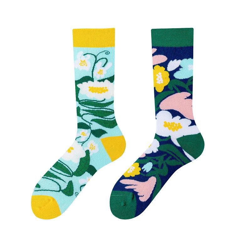 New Creative Couple AB Asymmetric Trendy Socks Fashionable Personalized Trendy Cartoon Jacquard Long Tube Cotton Socks