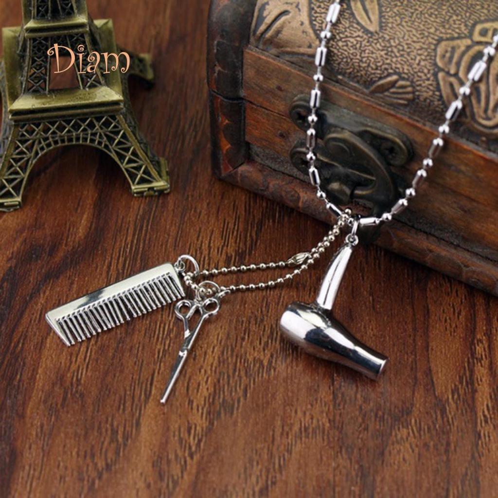 Diahy Unisex Hair Dryer Scissors Comb Pendant Chain Necklace Barber Kit Hairdresser Gift Acc