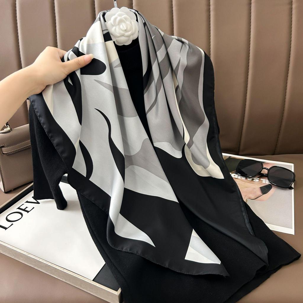 Silk Neckerchief: 90x90 Large Chic Square Scarf for Women - Perfect for Spring, Autumn, Winter Fashion