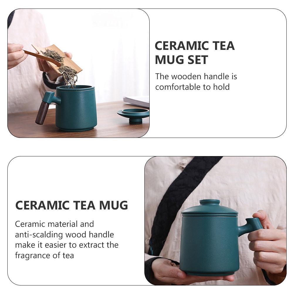 1Set Ceramic Tea Mug with Wood Handle and Built-in Stainless Steel Infuser Retro Texture Smooth Finish for Home Office Dorm Tea