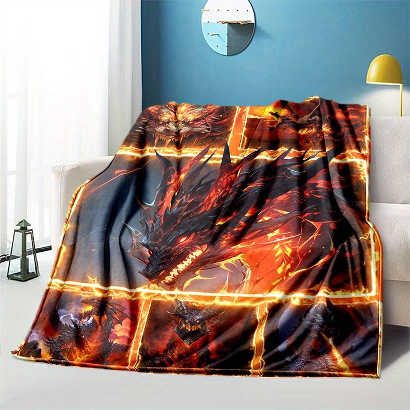 1pc Cozy Splicing Flame Dragon Print Blanket, Lightweight Flannel Throw For Sofa, Bed, Livingroom, Office, Couch, Travel, Campin