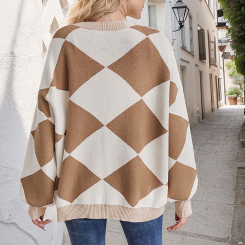 Women Color Block Loose Cardigan Button Knit Sweater Fall and Winter Coatigan