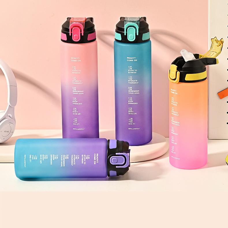 1000ml Gradient Matte Sports Water Bottle, Flip Straw Cup with Time Marker, Large Portable Plastic Jug for Fitness & Outdoor