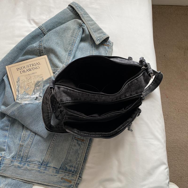 Vintage Denim Crossbody Bag Multi-Pocket Women's Shoulder Bag