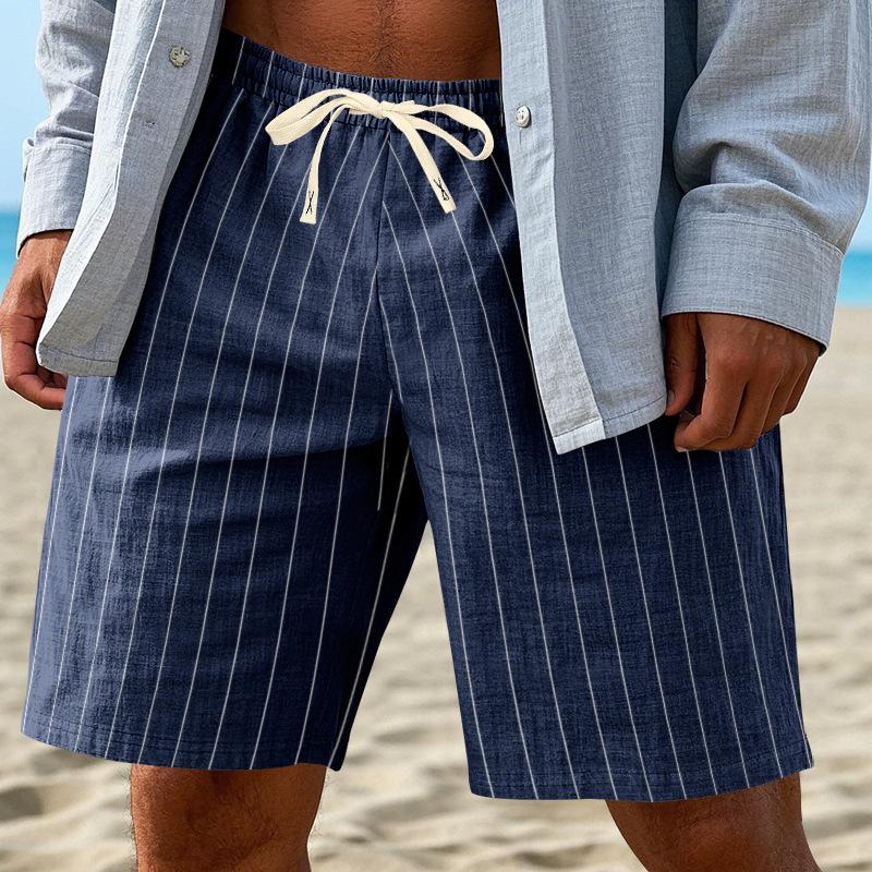 Summer Loose Beach Linen Breathable Vertical Striped Jacquard Tie Men's Trendy 5-point Shorts Men