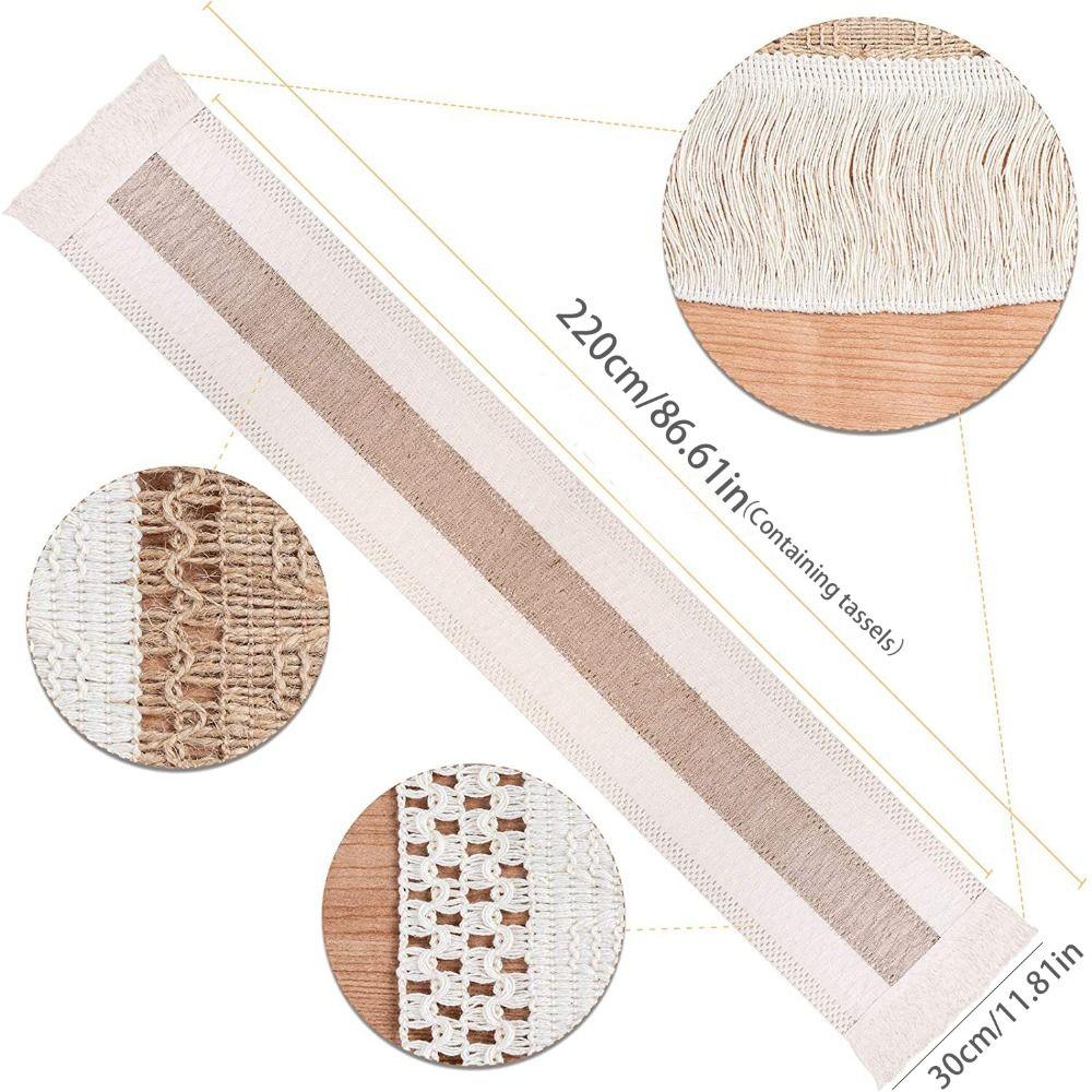 American Style Cotton and Linen Table Runner Rustic Solid Color Festival Dining Table Cover Rectangular with Tassel Tablecloth