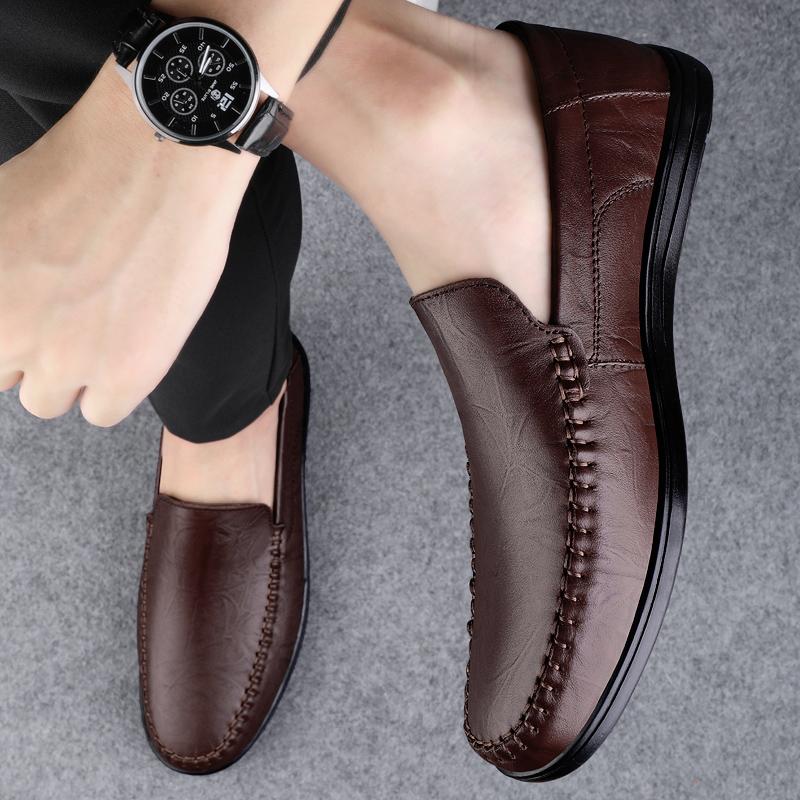 New 2024 Men Dress Shoes Genuine Leather Breathable Middle Aged Business Round Toe Wedding Footwear Male Flat