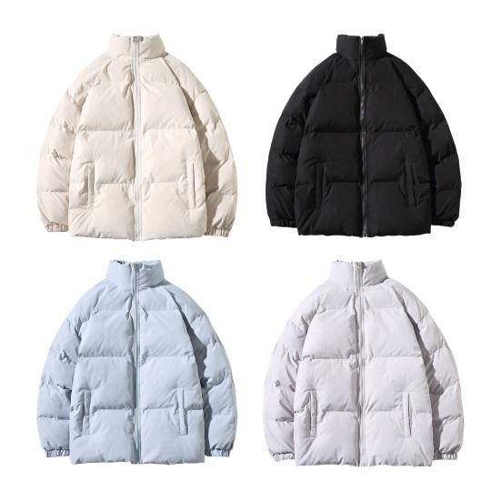 Men Cotton Coat Stand Collar Long Sleeve Solid Color Loose Fit Coat with Pockets Thickened Warm Quilted Outwear