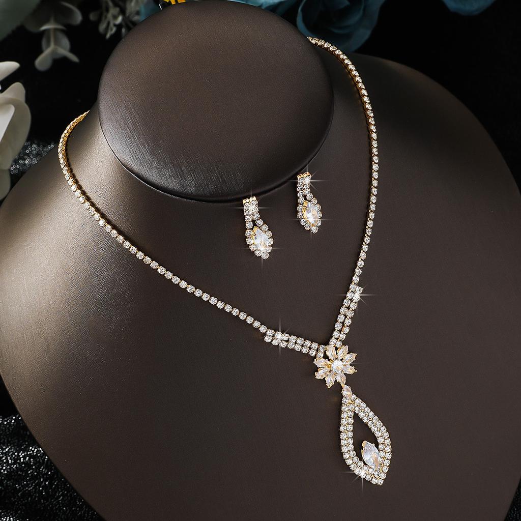 Bridal Jewelry Set Simple Zirconium Drop Pendant Rhinestone Necklace Earrings Two Wedding Dress Accessories