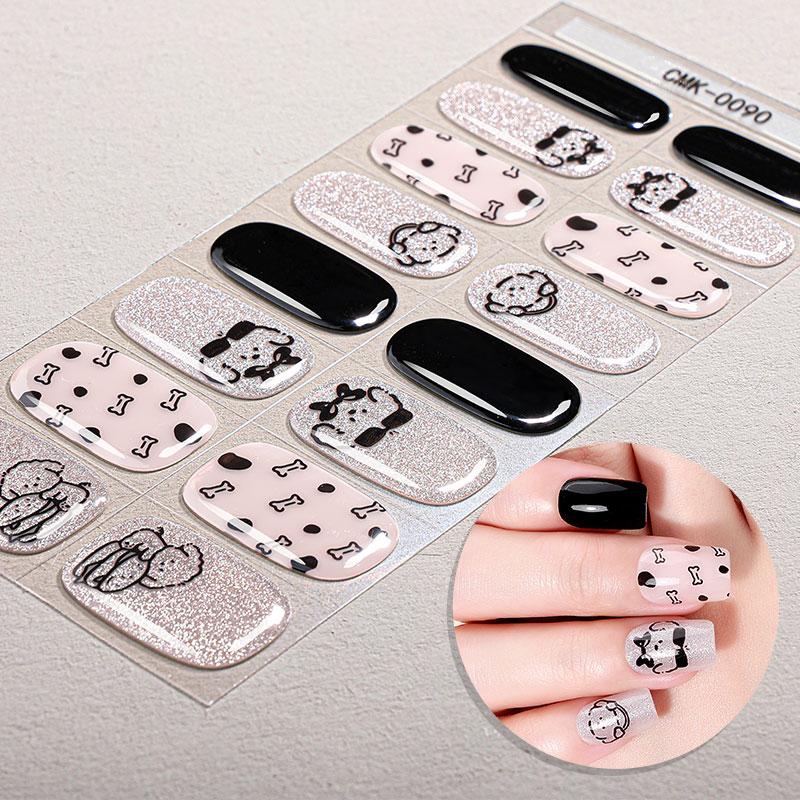 16Tips Cute Black Cat Gel Nail Strips Full Cover Cartoon Animals Baking-Free Gel Nail Stickers DIY Manicure Decoration