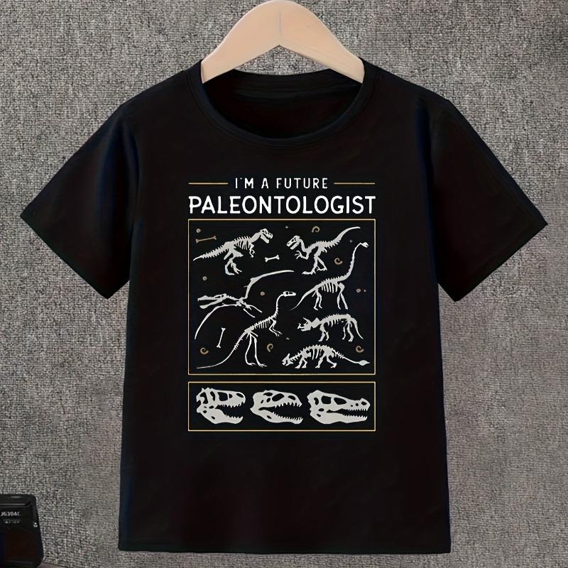 Kids Crew Neck Short Sleeve T-Shirt with Line Art Dinosaur Print 110