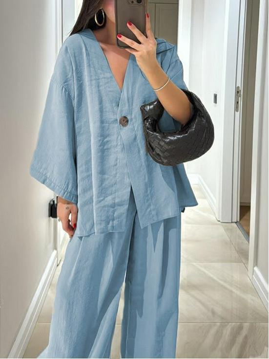 2025 Women's Casual V-neck Top & High-waisted Pants Set