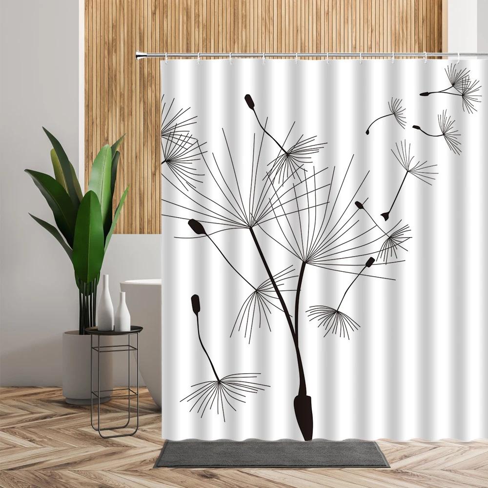 

Black And White Shower Curtains Plants Flowers Dandelion Print Fabric Bathroom Decoration Sets Waterproof Home Bathing Curtain W90xH180cm