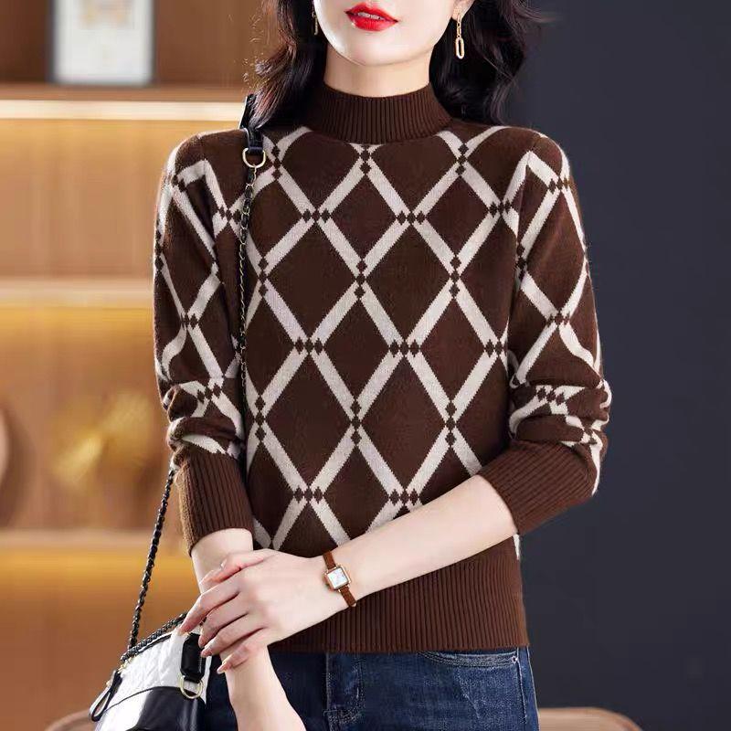 Winter Locker sitzender Pullover Spleißen Halber hoher Kragen Dicker Pullover Damen Jacquardstrick Basis