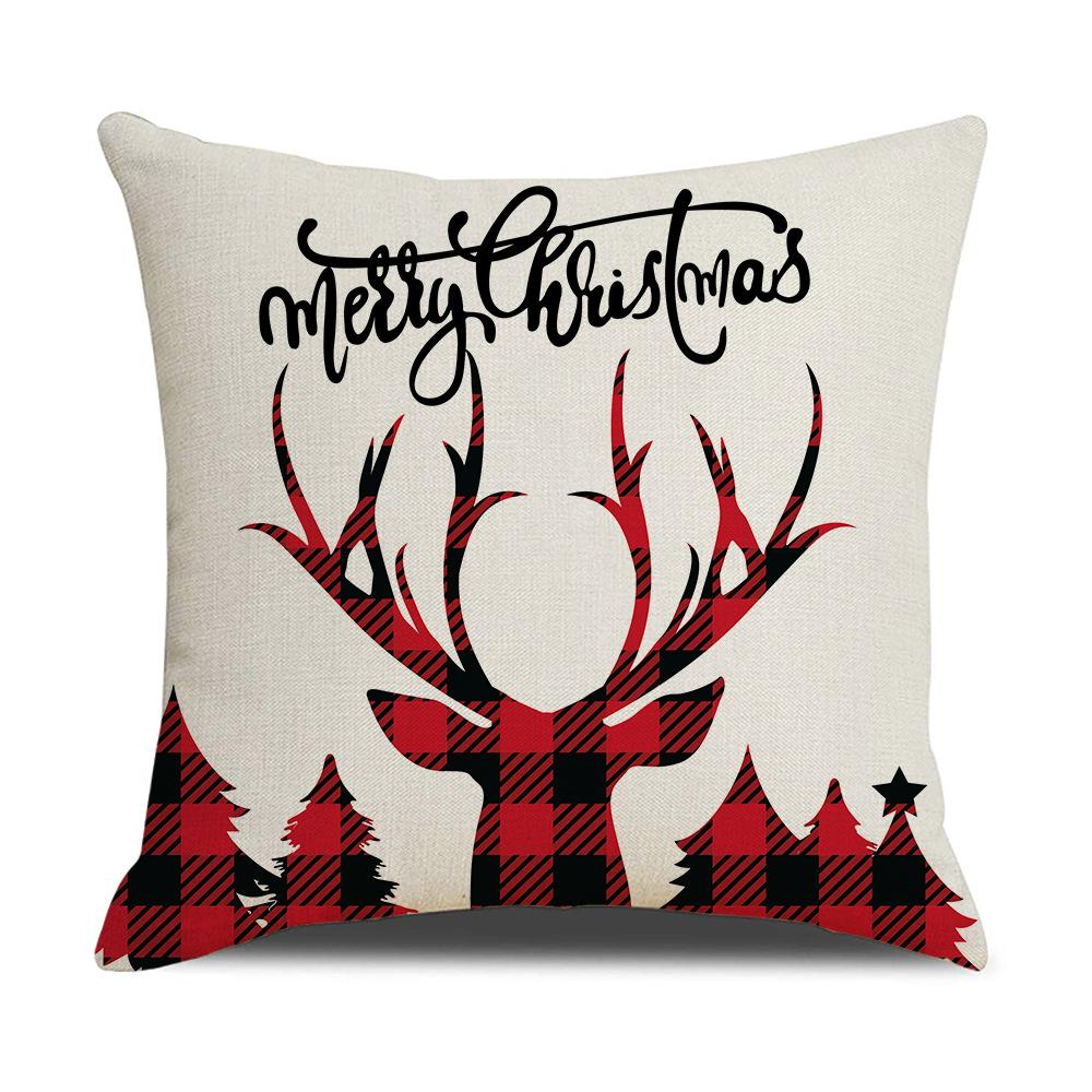 Red and Black Plaid Christmas Pillow Cover Cartoon Print Linen Sofa Cushion Cover Pillow