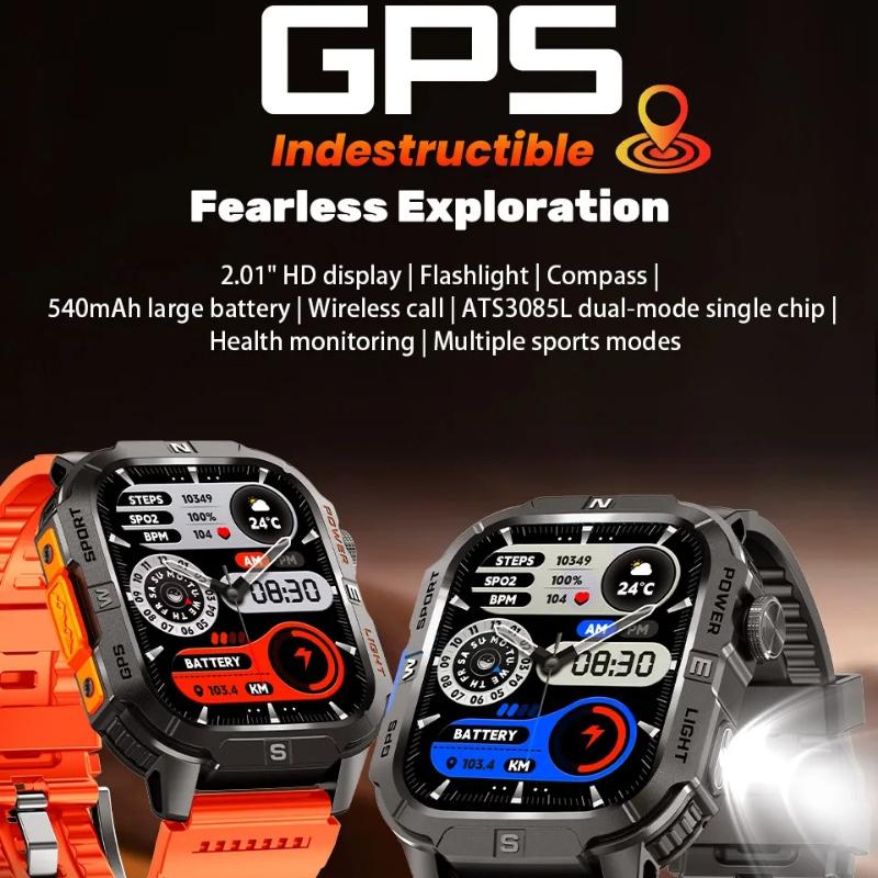 2026 New Outdoor Military Men's Smart Watch Is Equipped with GPS LED Lighting Compass Wireless Communication IP68 Waterproof Smartwatch Music 540mah