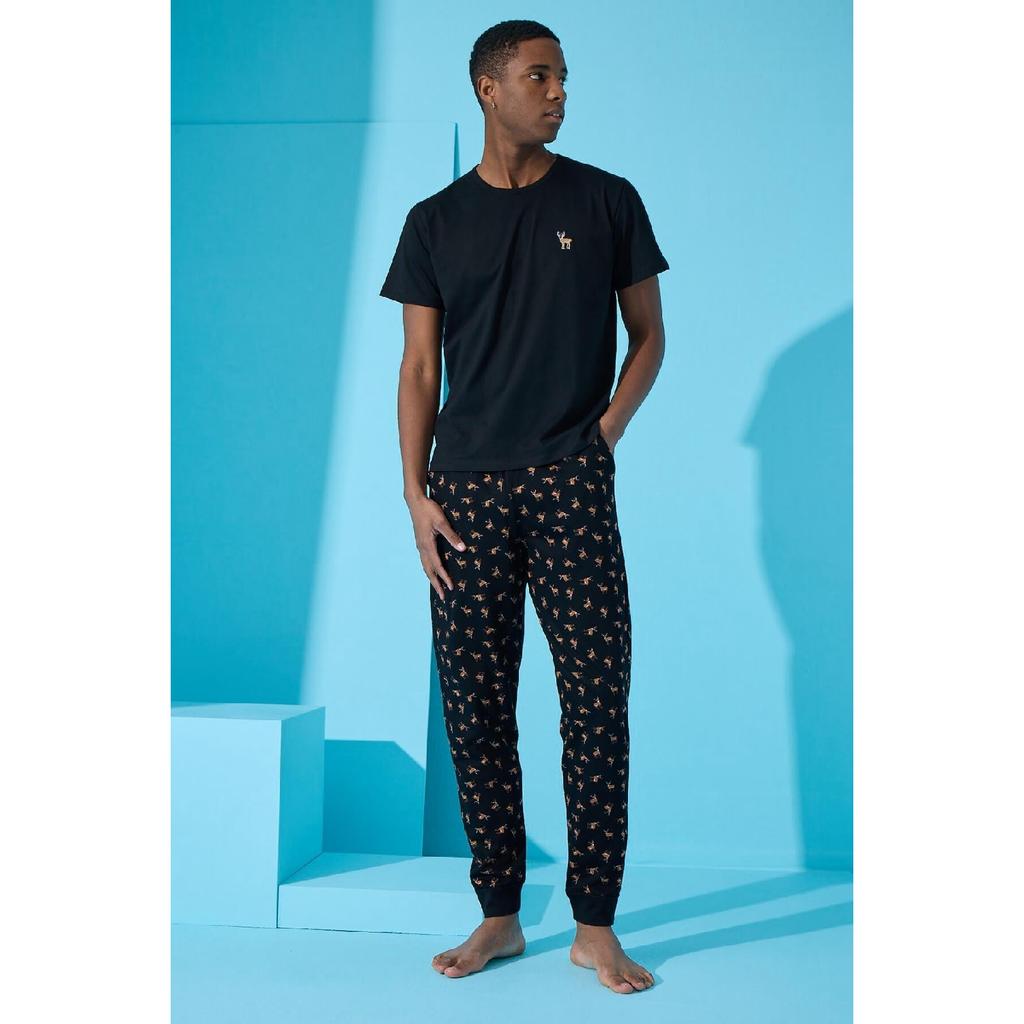 Kurzärmliges Herren-Pyjama-Set mit Dogg-Print in Schwarz