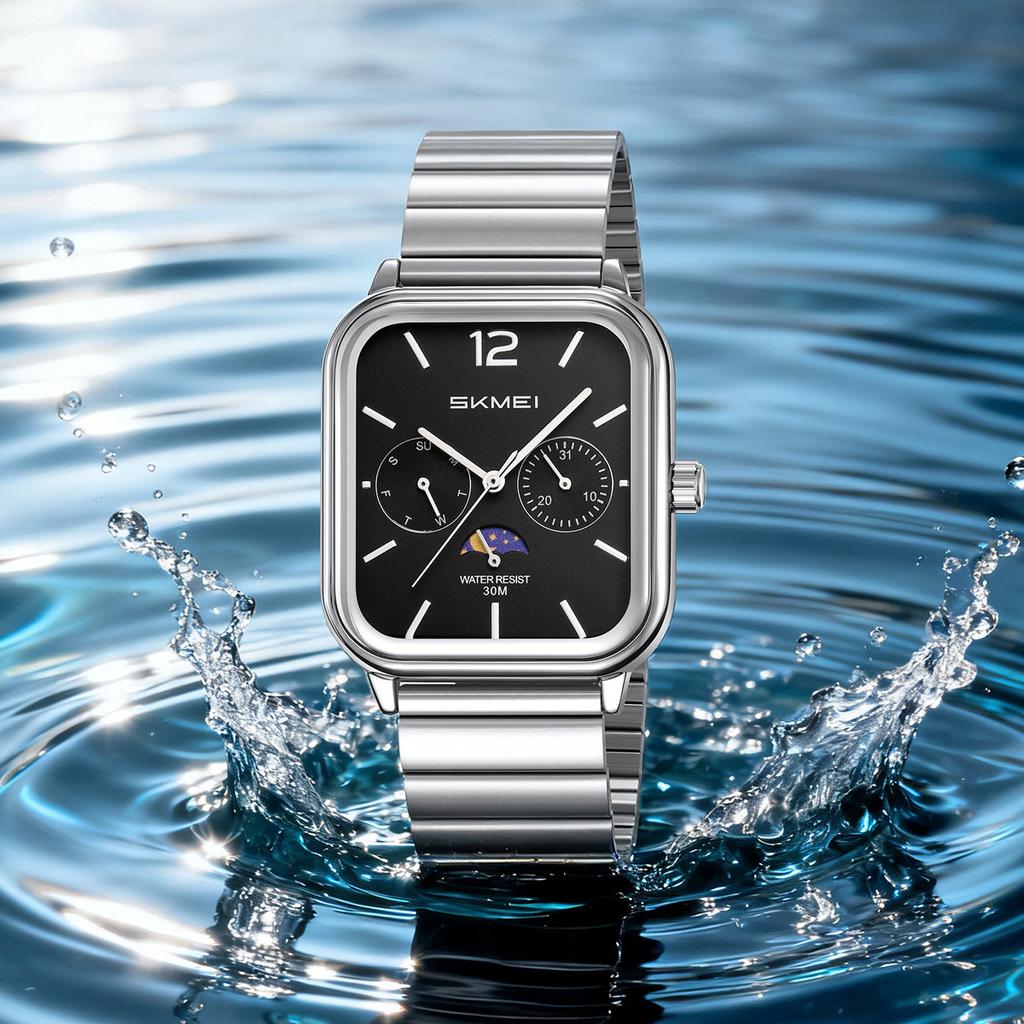 Herrenuhr Quadratisches Zifferblatt Multifunktional Drei-Augen Stahlarmband Quarz Uhr Herren Uhrmacher