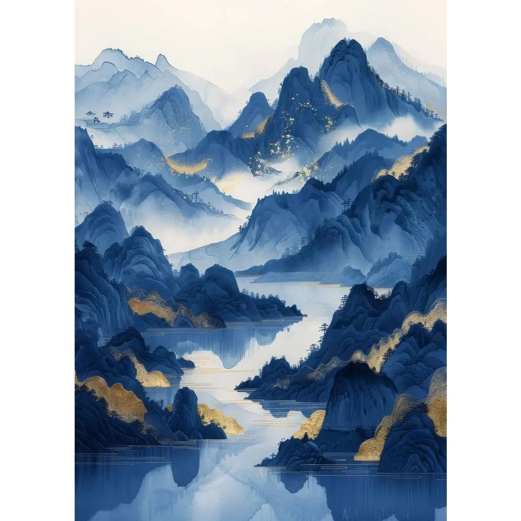 Landscape Blue Mountain Tree Forest Pine Temple River Gold Sun Poster Canvas Painting Print Wall Art for Living Room Home Decor