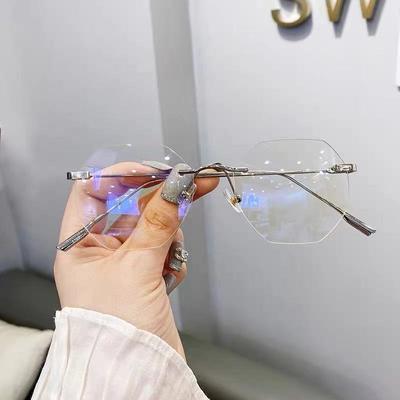 Rahmenlose Anti-Blaulicht-Brille für Damen, modische und trendige Myopie-Brille für Herren, polygonale Anti-Blaulicht-Brille für Myopie