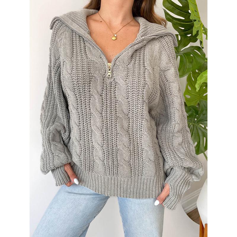 

Female Autumn Winter Knitted Sweater Women Solid Long Sleeve Zipper Pullover Lady Casual Turndown Collar Warm Jumper S серый