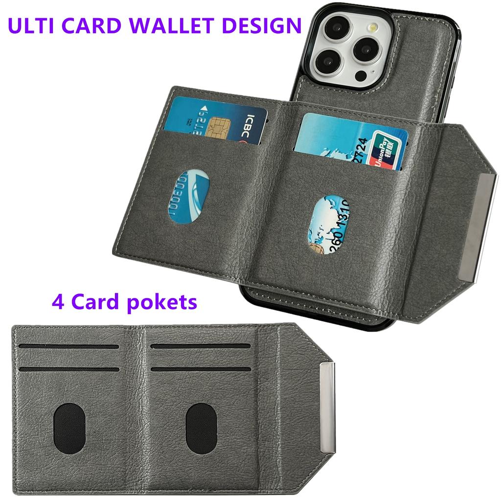 For iPhone 14 Pro Max Kickstand Case PU+TPU Phone Cover Detachable Card Bag