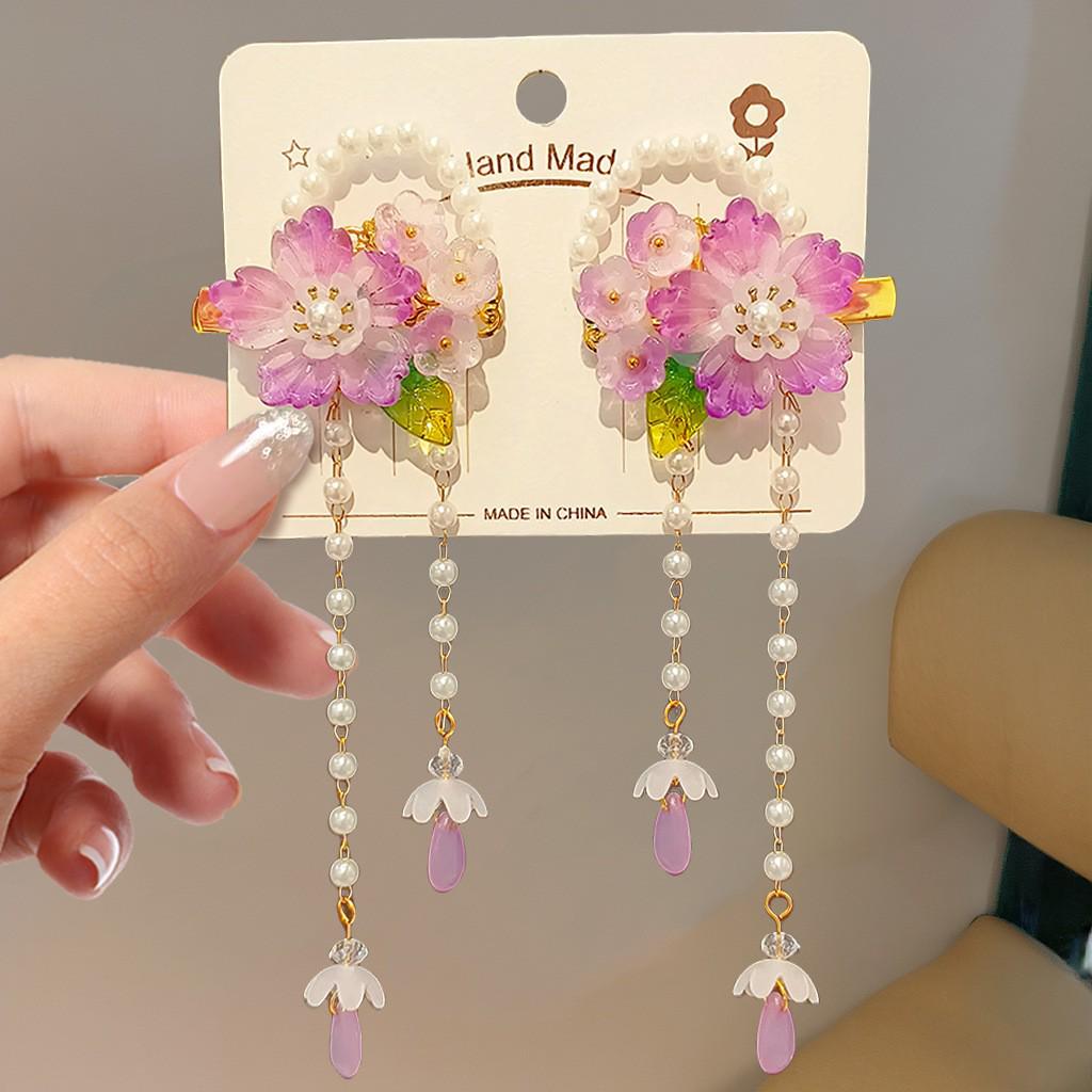 Children's Traditional Hanfu Headdress Hair Clips with Tassels - Handmade Pair for Girls