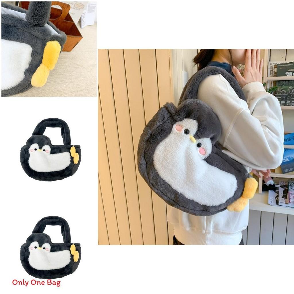 Soft Faux Fur Penguin Shoulder Bag With Magic Tape Closure For Casual Outings