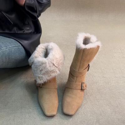Women's Fashion Belt Buckle Two Wear Lightweight Thick Sole Winter Warm Snow Boots Fur One Non-slip Casual Sports Cotton Boots Sneakers