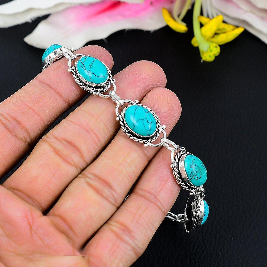 Santa Rosa Turquoise Gemstone Handmade 925 Sterling Silver Bracelet 7-8" KG-203