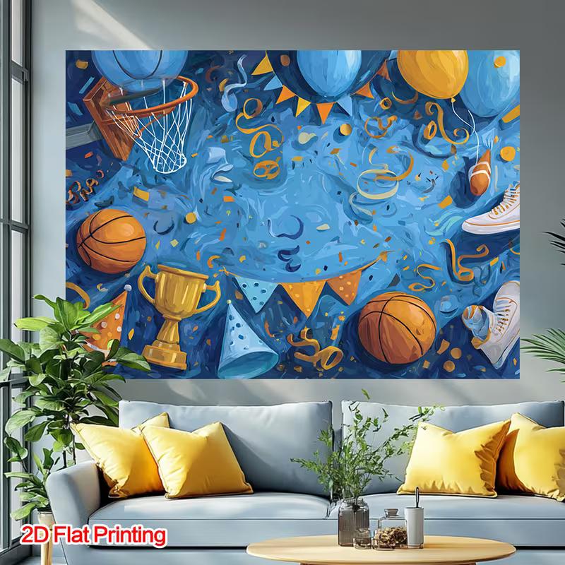 Blue & Orange 2D Backdrop, Basketball Birthday & Victory Photo Background