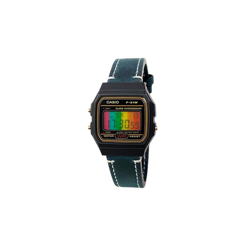 CASIO Customized watch modified series colorful horizontal striped mirror pink resin case waterproof 200 meters F-91WS-4 modi F-91WS-LanSeBiaoDai