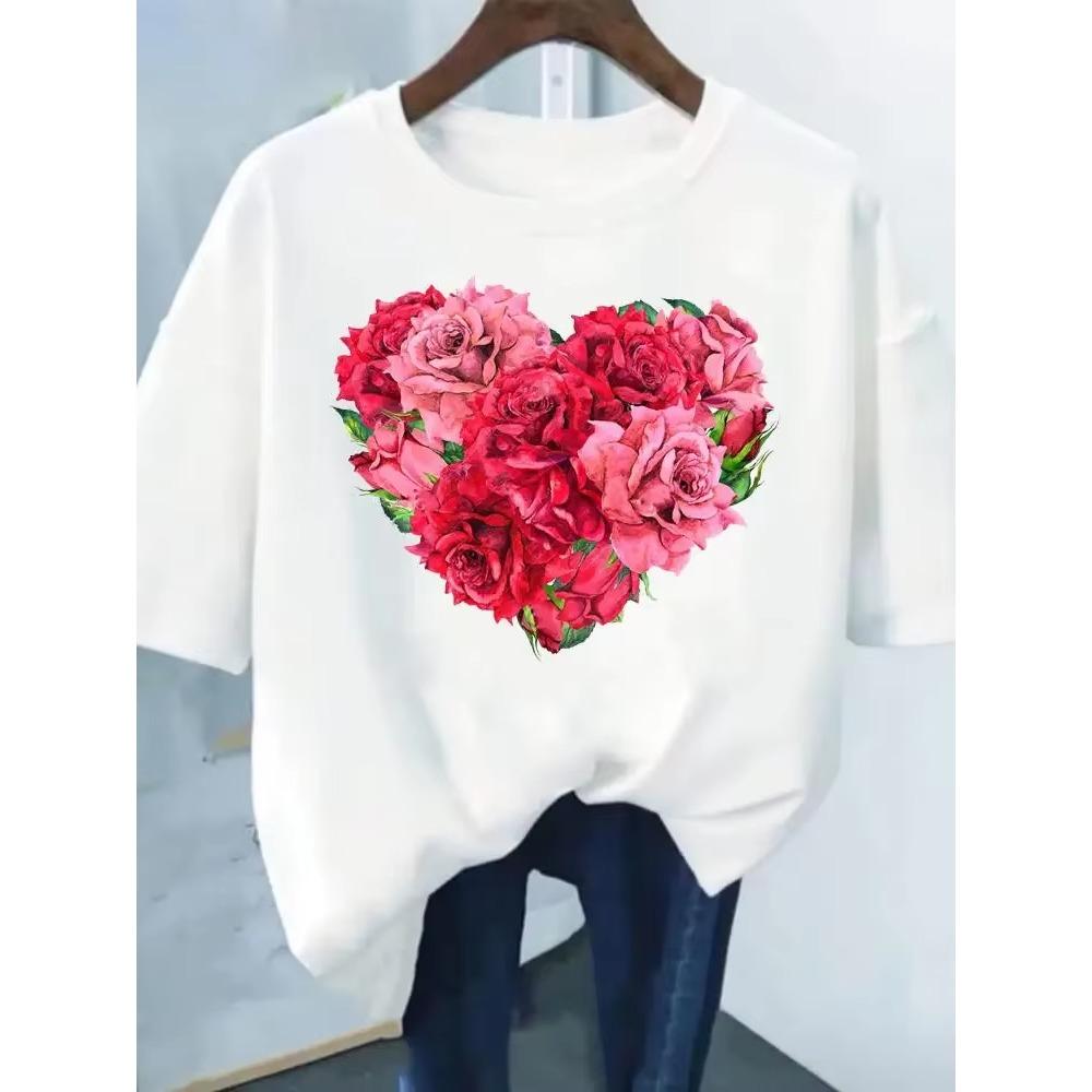Flower Print Fashion Plant Trend Lovely print ladies T-shirt casual basics O-collar Black shirt short sleeve ladies T-shirts