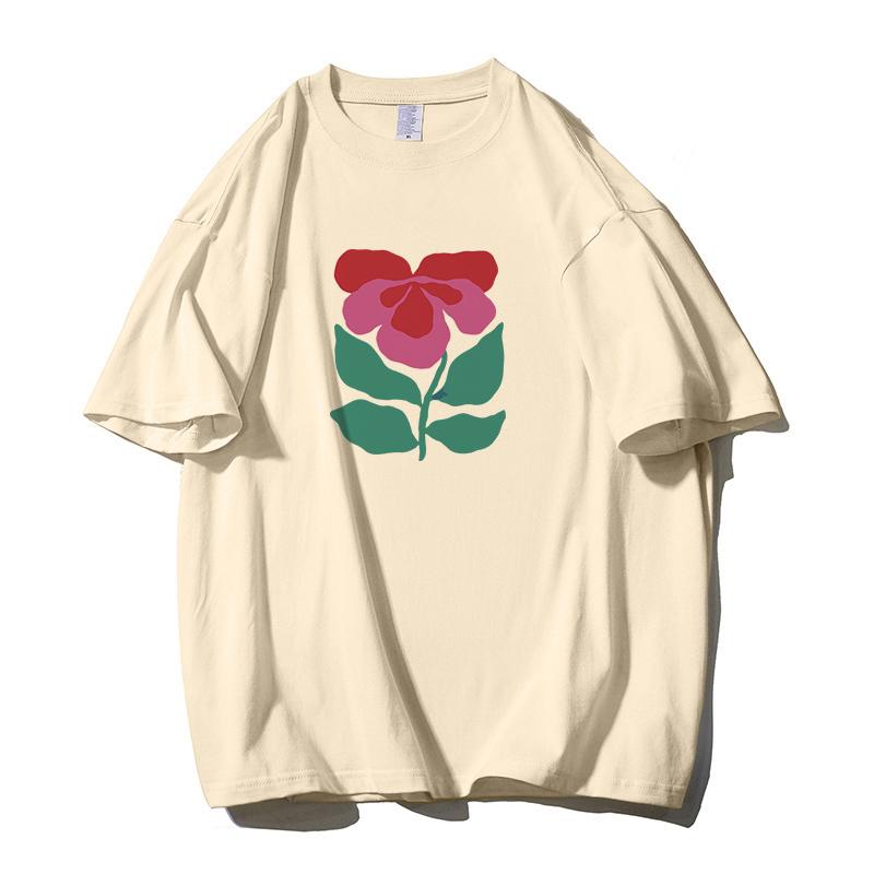 Shellsuning Krásné Květiny Tištěné Tričko pro Ženy Letní Nadměrné Ležérní O-výstřih Jednoduché Univerzální Dívčí Trička Základní Harajuku Pár Topy