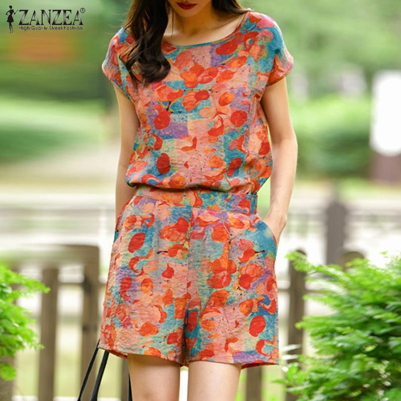 

ZANZEA Летняя одежда, женская футболка и шорты, повседневный костюм из двух предметов
