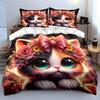 Cute Cat with Floral Crown Bedding Duvet Cover Set  (1*Duvet Cover 2*Pillowcases, Without Duvet Insert)